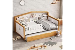 JIVOIT Twin Size House Shape Daybed with Twin Trundle, Wooden House Bed with Bookcase Headboard and Fence Guardrails, Roof and Window Design, No Box Spring Needed