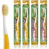 MOUTHWATCHERS Soft Childrens Flossing Manual Toothbrush, Value Pack of 4, Yellow and Pink, Toothbrushes for Kids & Teens, Ultra Clean, by Dr. Plotka's