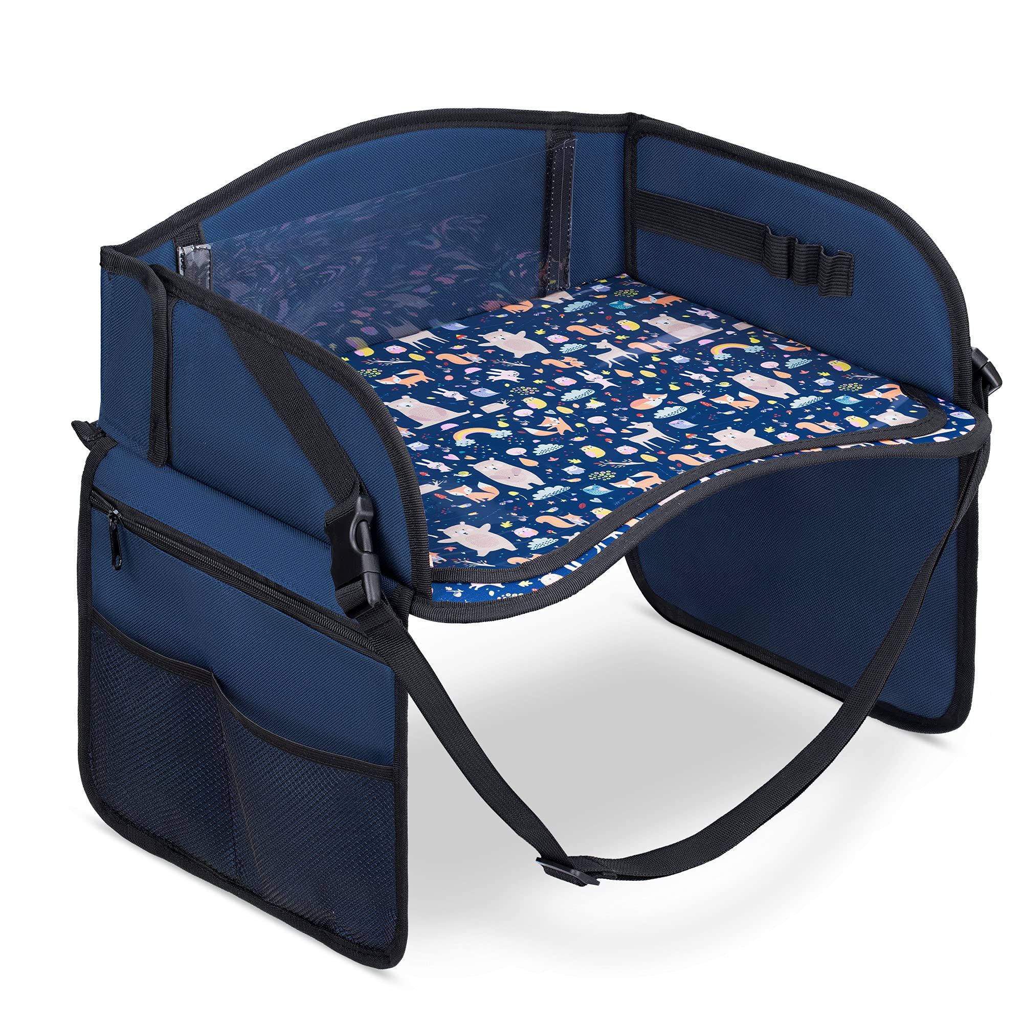 Navaris Kids Car Tray Table - Foldable Travel Play Tray for Toddlers and Children - Drawing, Watching Tablet, Snacks - Animal Design - Blue/Black