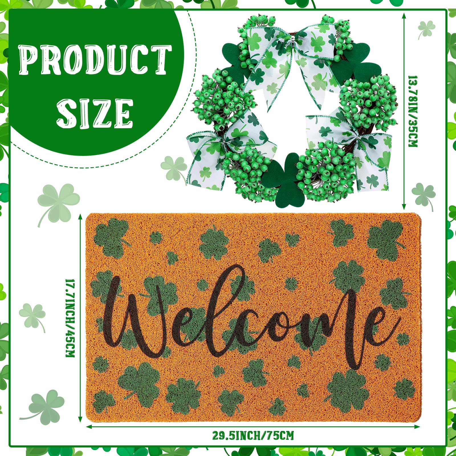 Drydiet St. Patrick's Day Decoration Set Include Non Slip Welcome Clover Imitation Coir Doormat Irish Green Shamrock Wreath with Bow for Spring Outdoor Front Door Entrance Home Wall Window Porch Decor - Image 2