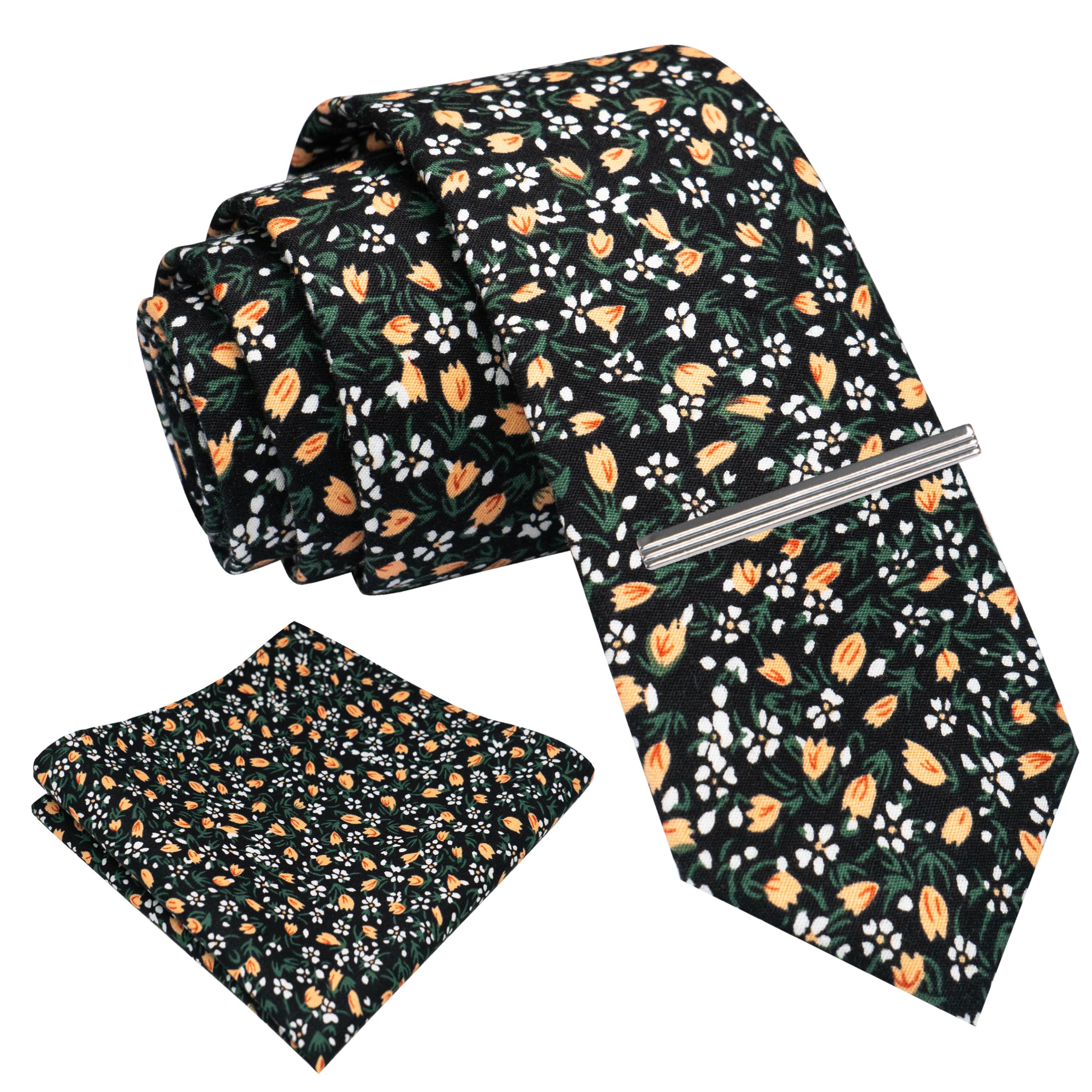 Photo 1 of RBOCOTT 2.4" Cotton Floral Skinny Tie Necktie and Pocket Square With Tie Clip Set Flower Print Necktie for Wedding Party (6cm-10)