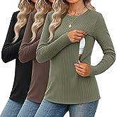Velvelhall 3 Pack Women's Nursing Shirts Ribbed Long Sleeve Breastfeeding Tops with Hidden Zipper Maternity Clothes
