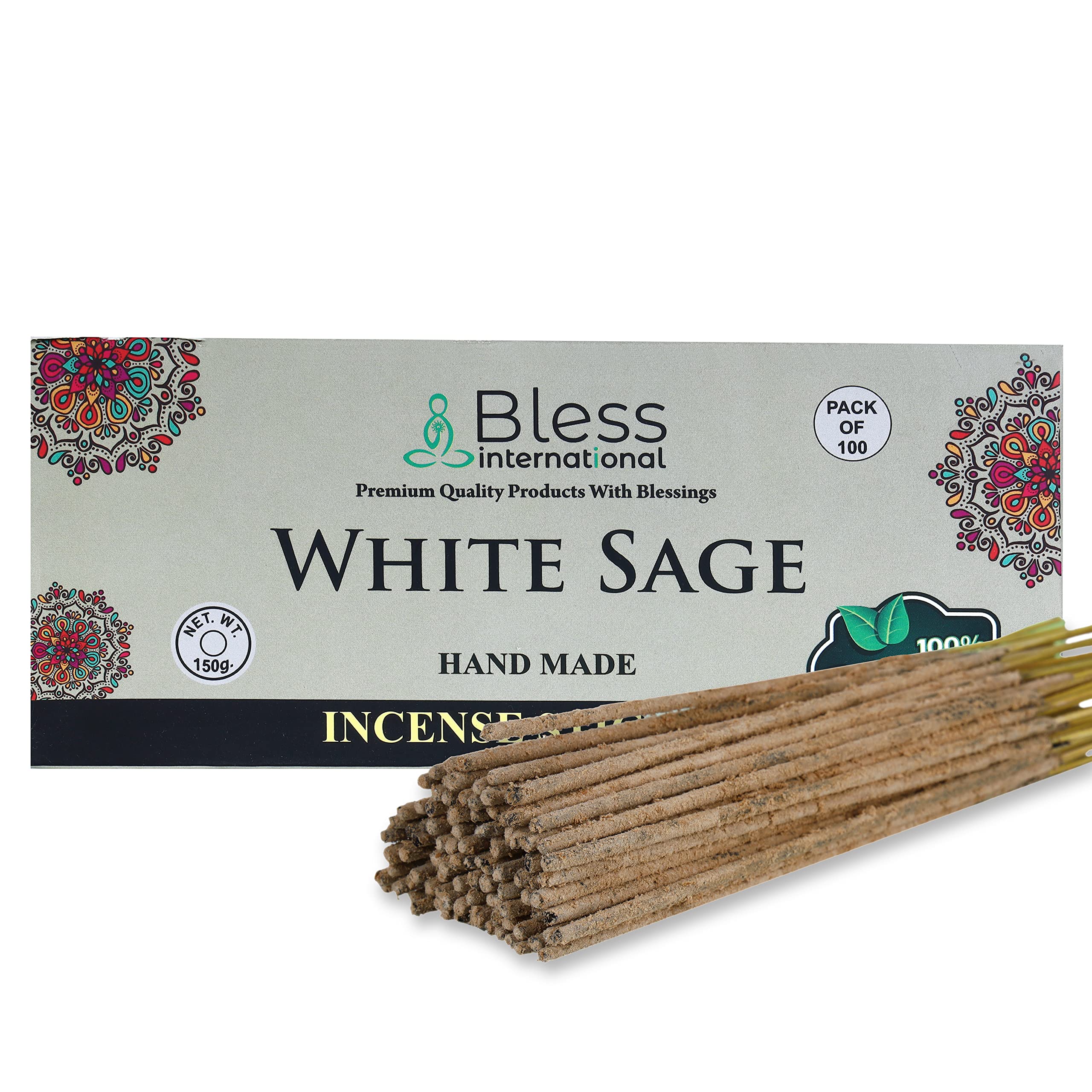 Bless-White-Sage Incense Sticks 100% Natural Handmade Hand-Dipped, Organic, Chemicals-Free For Purification, Relaxation, Positivity, Yoga, Meditation - The Best Woods Scent (100 Sticks, 150GM)