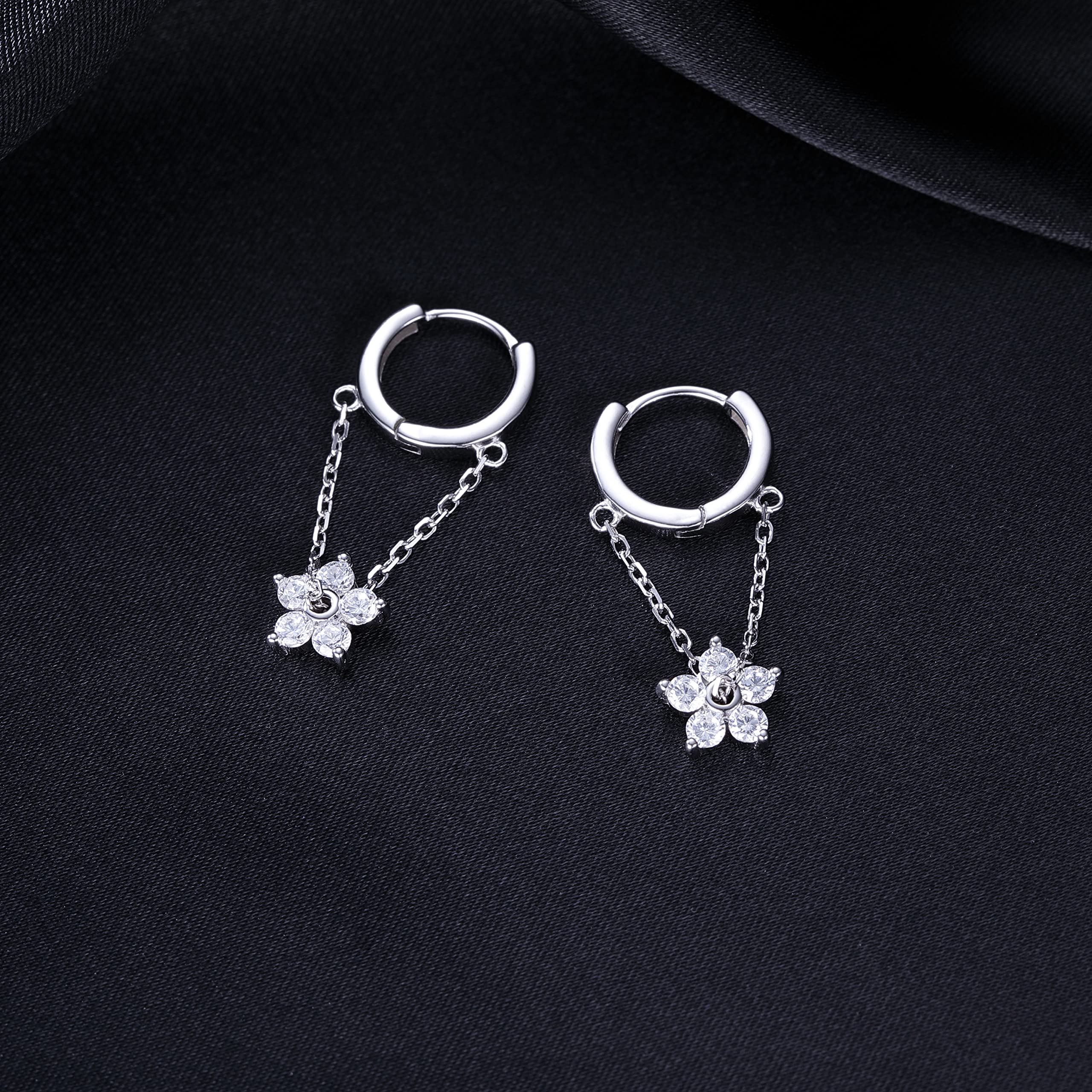 Reffeer 925 Sterling Silver Flower Chain Drop Earrings Hoop for Women Teens Huggie Hoop Dangle Earrings Chain