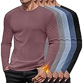 Baggyfly 5 Pack Men's Cotton Thermal Shirts Long Sleeve Ribbed Tops Crew Neck Slim Fit Sweater Casual Pullover Undershirts