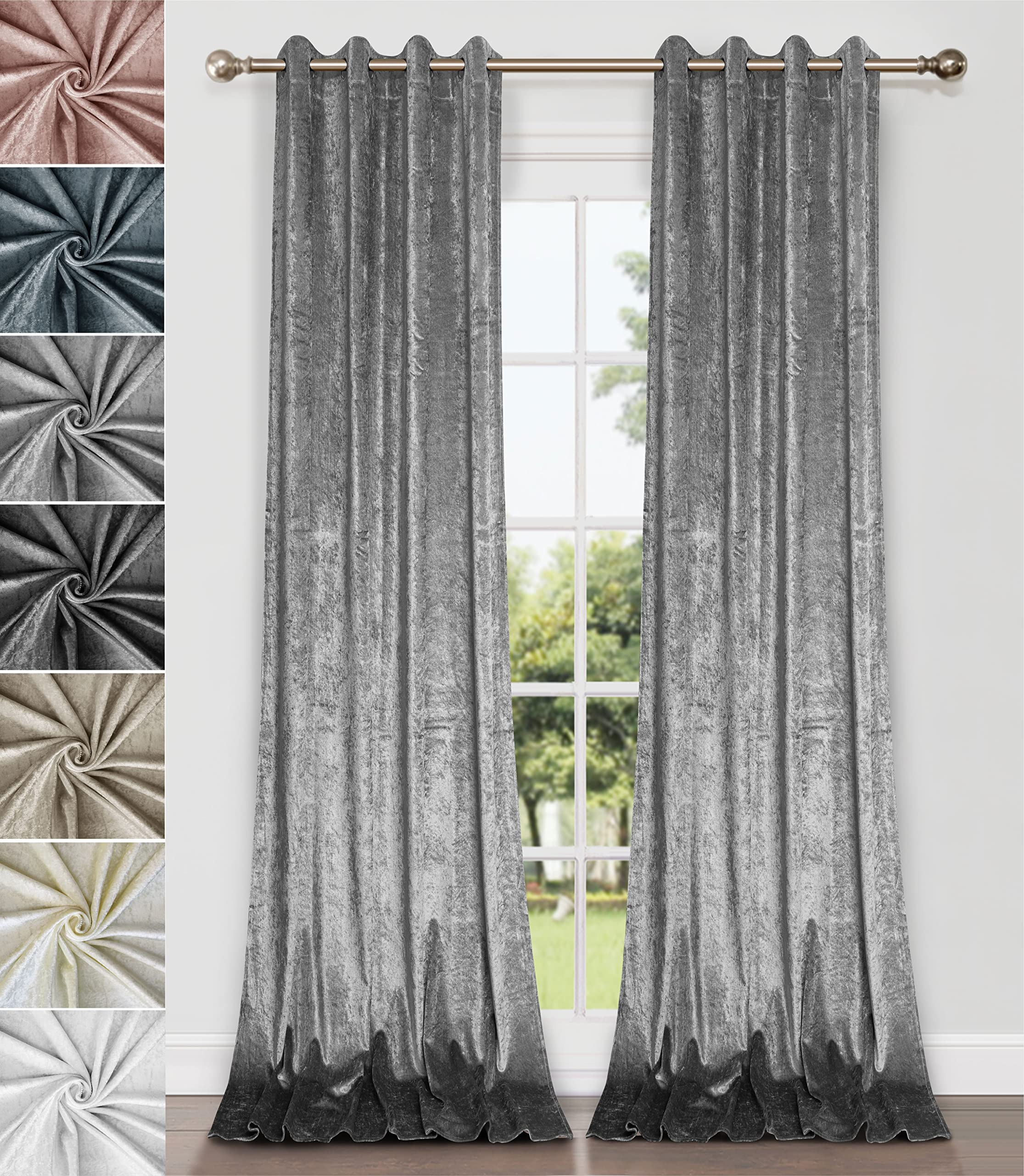Home Direct Pair of Crushed Velvet Curtains, Eyelet Ring Top, Unlined, Dark Grey, 2 panels, 140cm x 175cm 55" x 68"