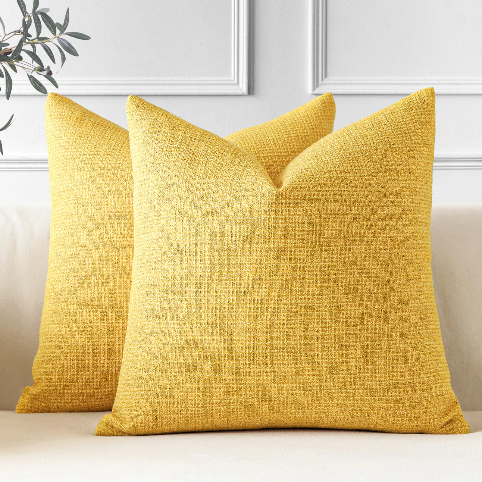 JOTOM Set of 2 Cushion Covers 50x50 cm Linen Yellow Decorative Throw Pillow Covers 20x20 Inch Square Cushion Case Home Decor Pillowcases for Couch Sofa Living Room Bed (Yellow)