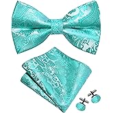 GUSLESON Mens Paisley Bow Tie Handkerchief Jacquard Woven Adjustable Pre-Tied Bowties Pocket Square Cufflinks Set