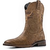 MacePhenoMelon Winbird Square Toe Cowboy Boots for Men Classic Patriot Embroidered Western Boots Men's Vegan Leather Pull On Slip Resistant Boot, Retro Chunky Heel Short Country Boots for Spring Fall