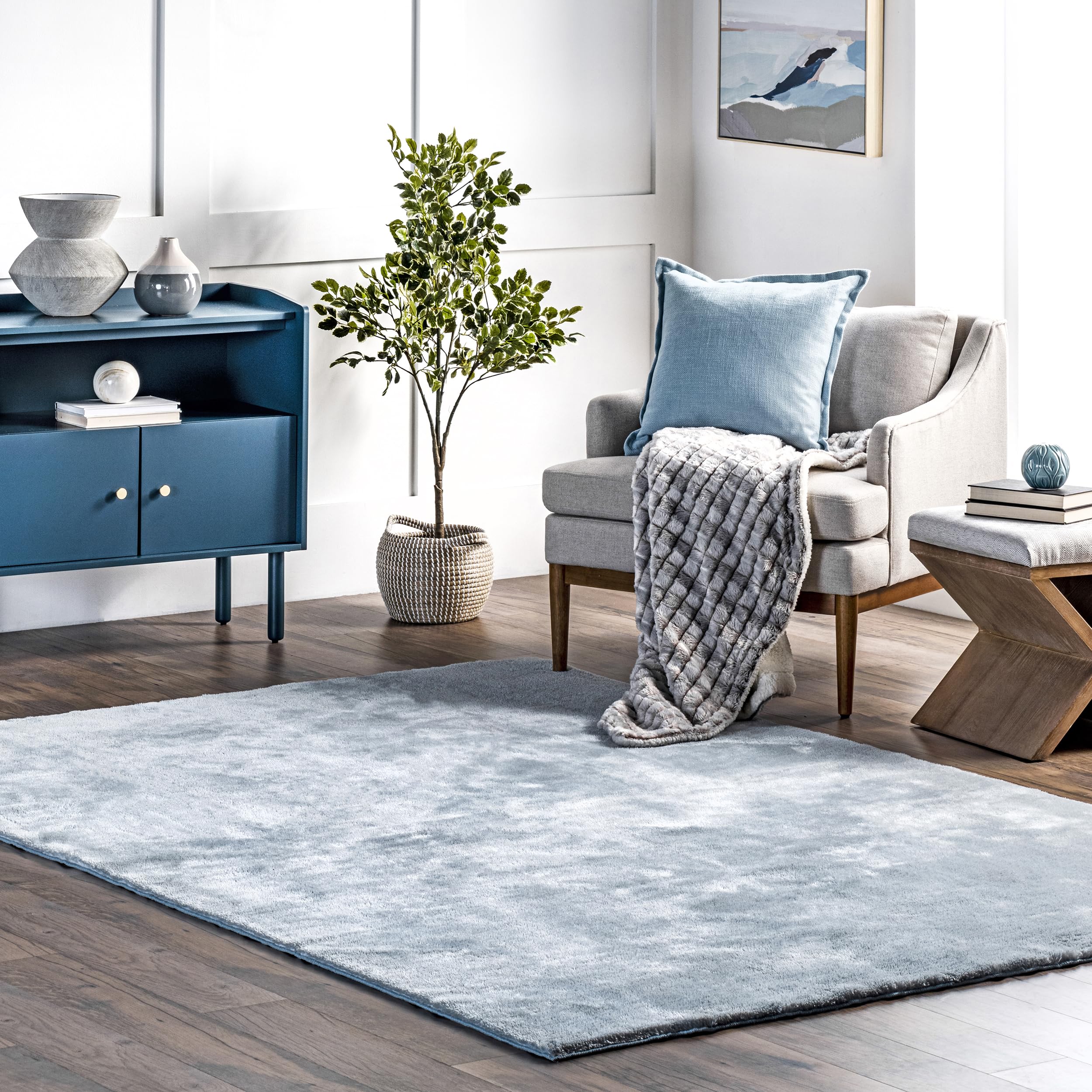 nuLOOM 8′ x 10′ Cozy Plush SuperiorWash Area Rug, Machine Washable, Non-Slip, Soft Fluffy Shag Carpet for Living Room Bedroom Kids Room Nursery Home Decor, Loni Light Blue