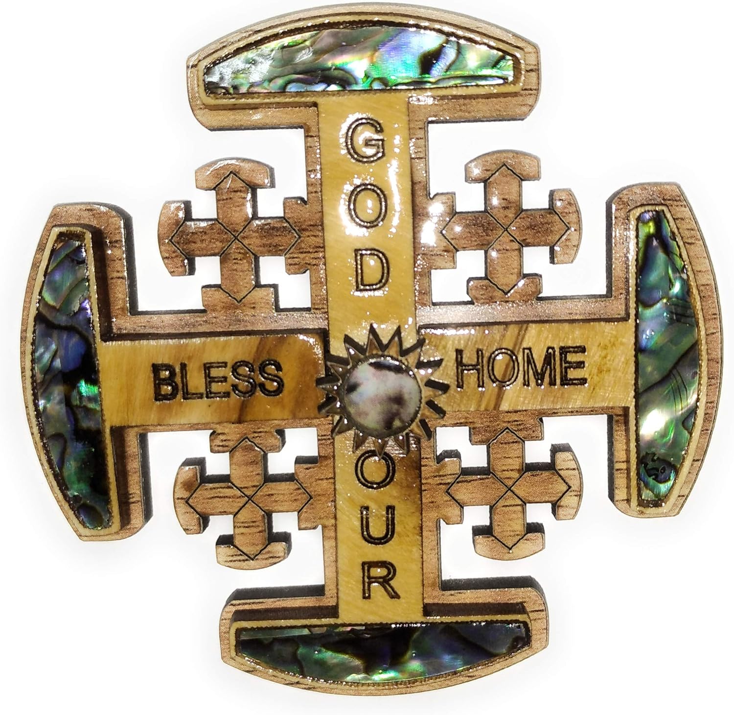Jerusalem Wall Cross Olive Wood Mother of Pearl God Bless Our Home Inspirational Quotes Handmade in Holy Land (3.1