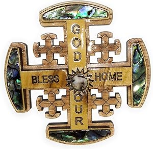 Jerusalem Wall Cross Olive Wood Mother of Pearl God Bless Our Home Inspirational Quotes Handmade in Holy Land (3.1
