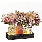 LUEUR Fall Mason Jar Centerpiece for Table with Artificial Flowers, Set of 3 Pink & Brown Faux Rose Floral Farmhouse Painted Decorative Jars for Thanksgiving Autumn Kitchen Home Decor, Dinner Table