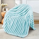 Exclusivo Mezcla Fleece Throw Blanket for Couch, Super Soft Striped Jacquard Bed Blanket, Lightweight Fuzzy Cozy for All Seasons, 50x60 Inches, Light Blue