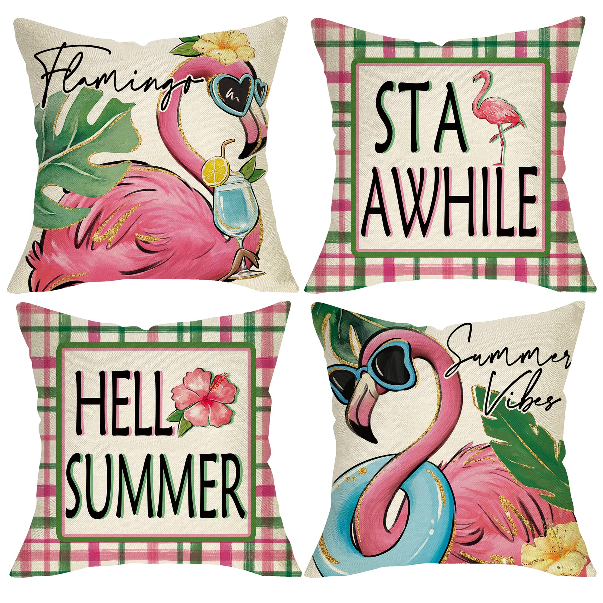 Photo 1 of ***(HEAVILY USED/ MINOR DAMAGE)***Fjfz Hello Summer Vibes Flamingo Decorative Throw Pillow Covers 20 x 20 Set of 4, Stay Awhile Tropical Hawaii Palm Leaves Porch Outdoor Home Decor, Swim Ring Plaid Farmhouse Couch Cushion Case