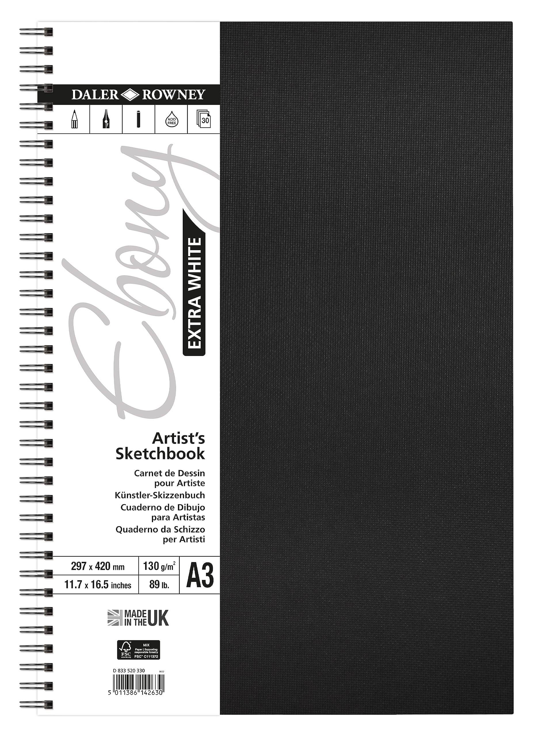 Daler-Rowney Extra White Ebony 130gsm A3 Portrait Sketchbook, Spiralbound, 30 White Sheets, For Professional Artists & Students
