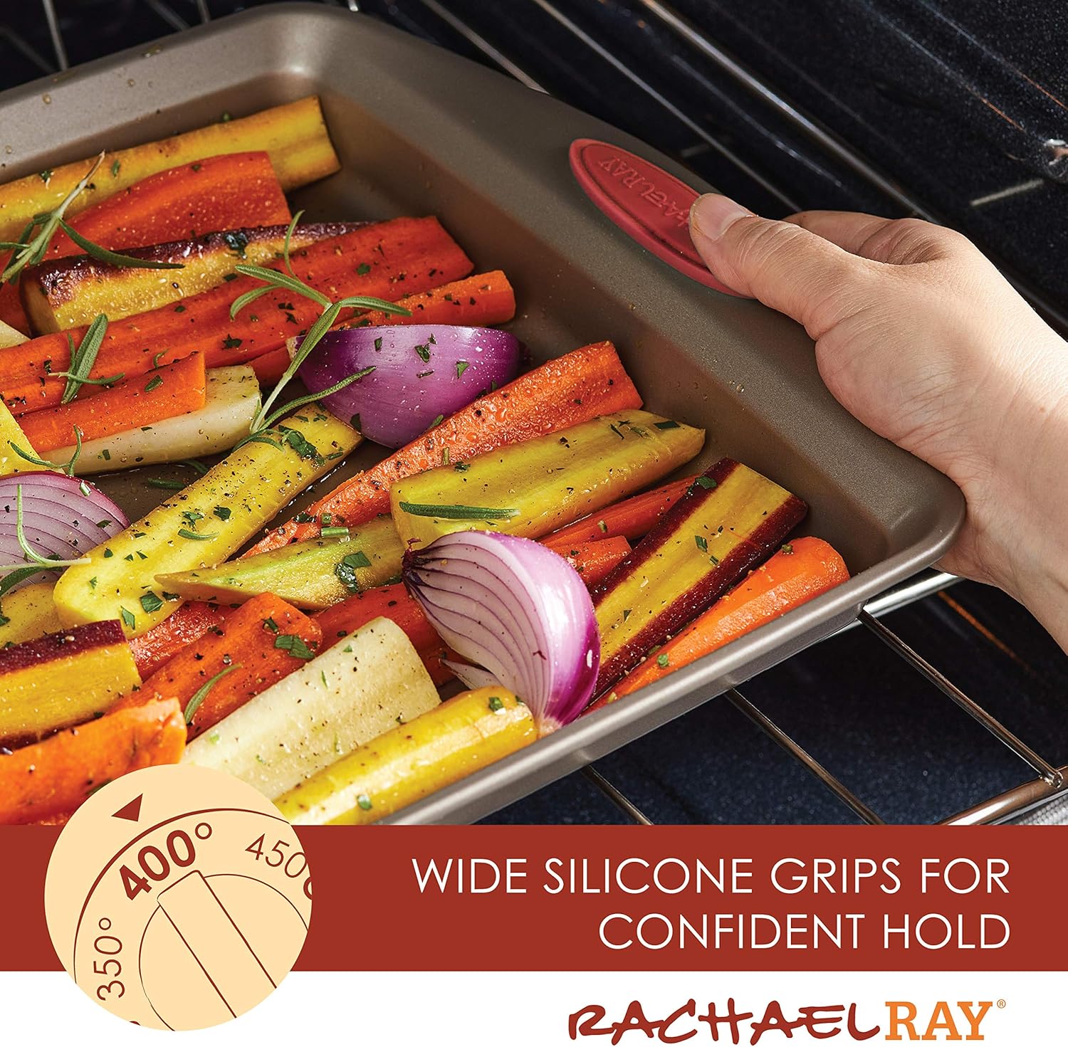 Rachael Ray 52410 Cucina Nonstick Bakeware Set with Baking Pans, Baking Sheets, Cookie Sheets, Cake Pan, Muffin Pan and Bread Pan - 10 Piece, Latte Brown with Cranberry Red Grip: Kitchen & Dining
