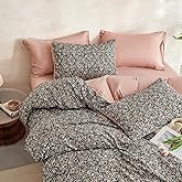 Wake In Cloud - Floral Comforter Set with Sheets, Cute Vintage Flower Cottagecore Aesthetic for Women Teen Girls, 5 Pieces Bed in a Bag, Black, Twin Size