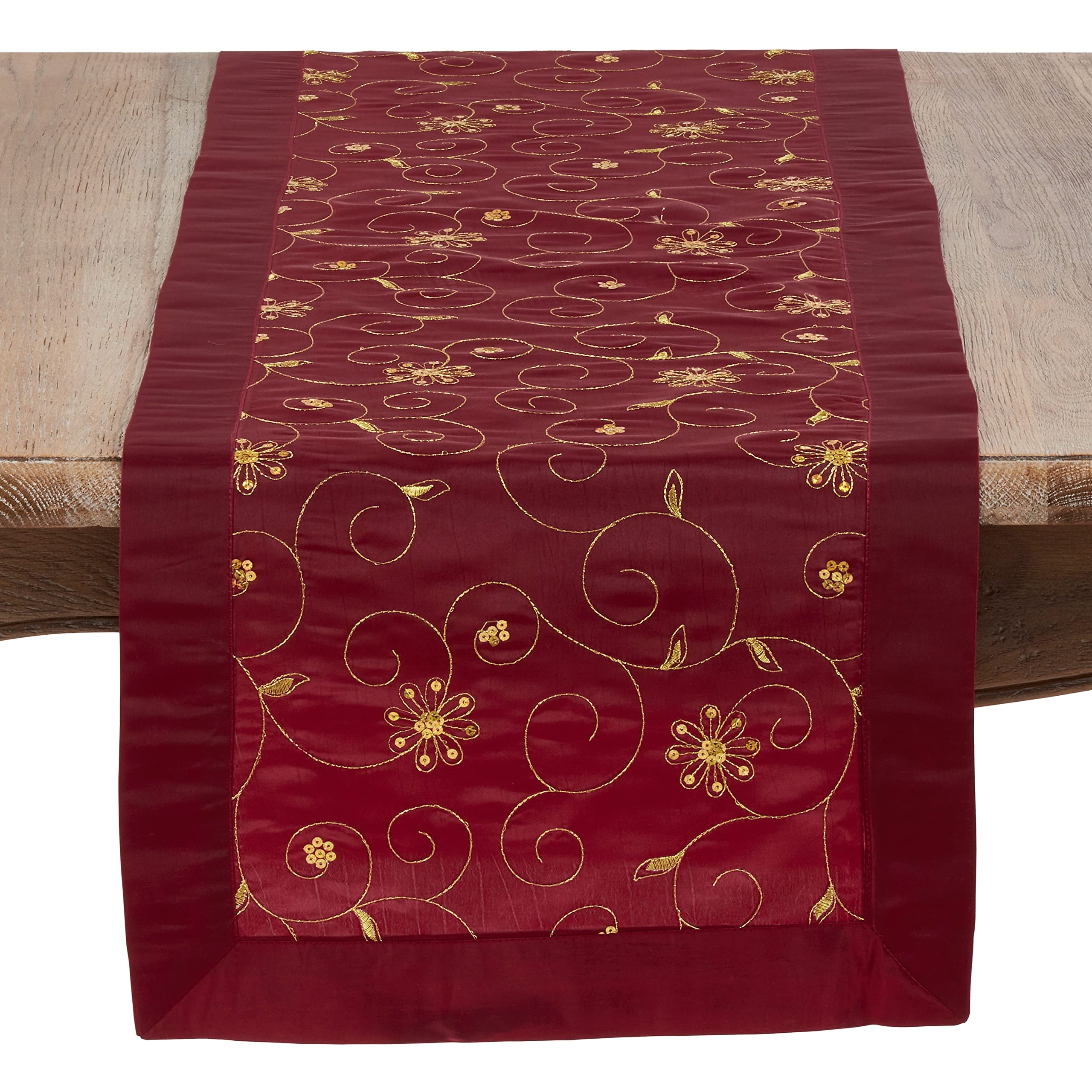 SARO LIFESTYLE XJ511.BU1690B Sevilla Collection Embroidered and Sequined Table Runner in Festive Tones, 100% Polyester, Burgundy