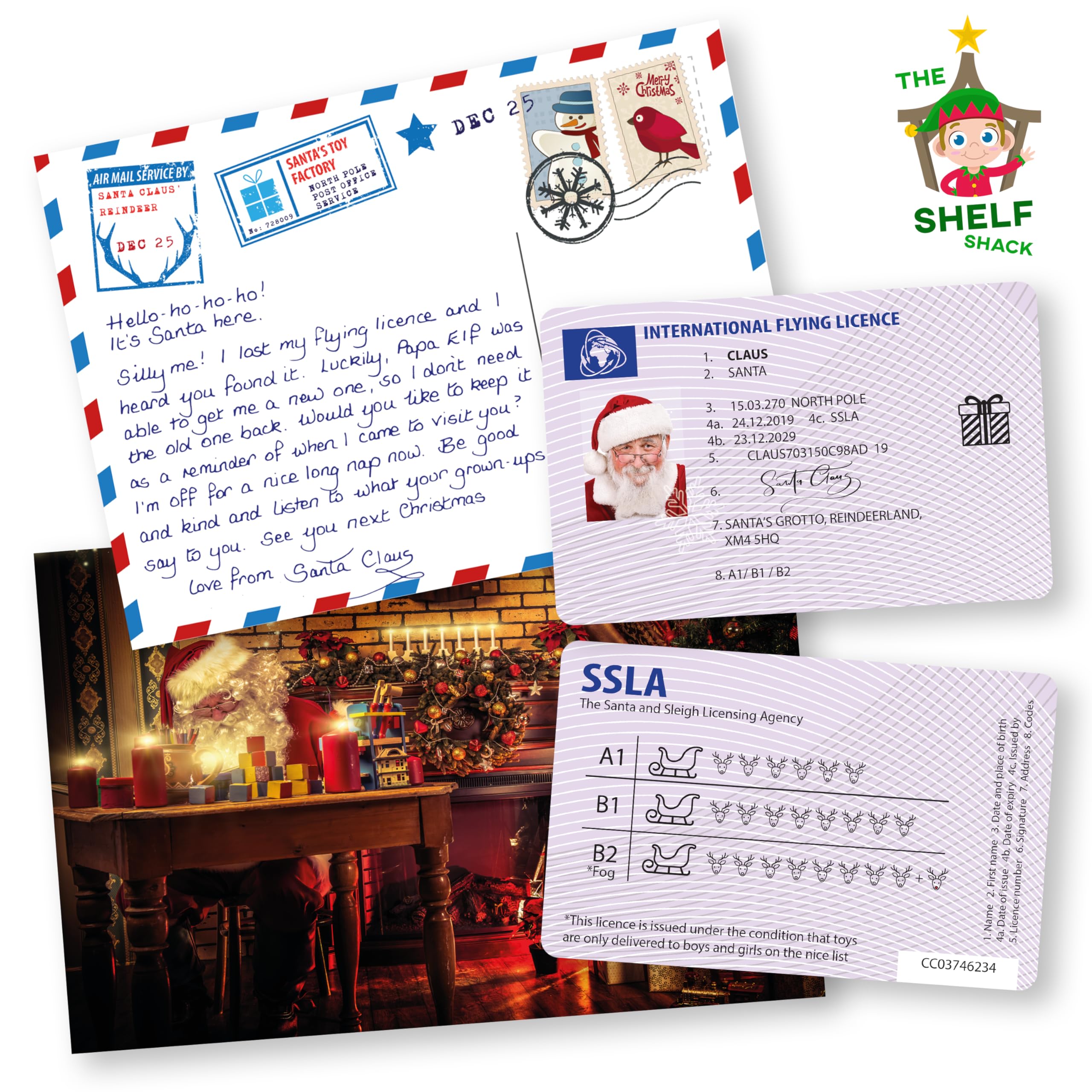 Original Santa Claus Lost Flying Licence + Postcard From Santa | Plastic Sleigh ID Decoration | UK Driving License Style | Great Christmas Eve Box Filler | Xmas Day Surprise From Father Christmas