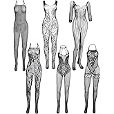 Jamntower 6 Pcs Women's Fishnet Lingerie Plus Size Mesh Bodysuit Lingerie for Women and 6 Pairs Boob Breathable Cross Adhesive Covers, Black Classic