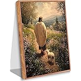 Framed Jesus and Lamb Wall Art Vintage Christian Canvas Poster Print Jesus Leaves the 99 Sheep Picture Religious Bible Verse Painting Artwork Wall Decor for Church Living Room Bedroom 12x16in