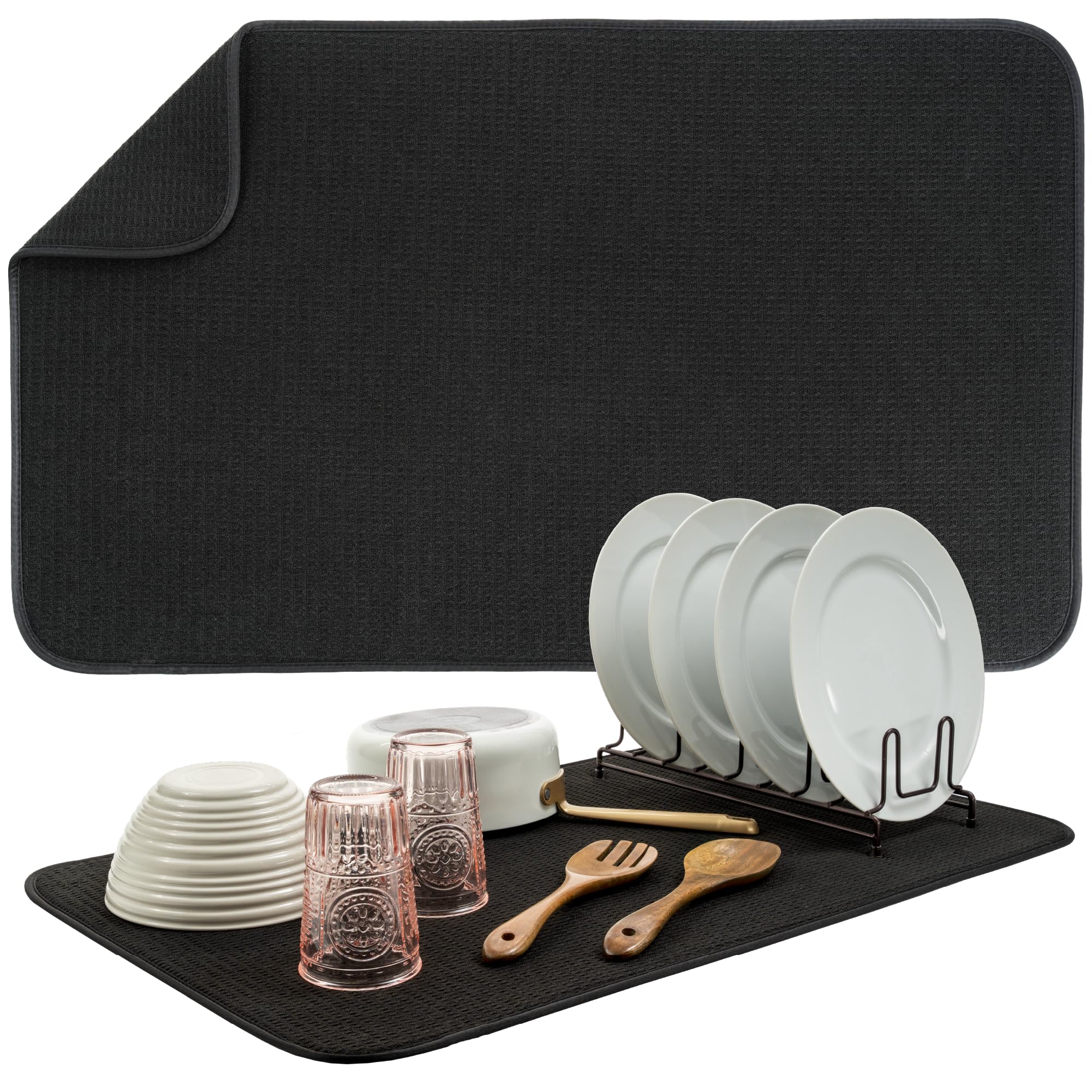 S&T INC. Dish Drying Mat Jumbo, 18” x 30”, Absorbent Microfiber Kitchen Counter Mat, Dish Drying Pad for Dishes, Utensils, Pots and Pans, Jumbo, Black