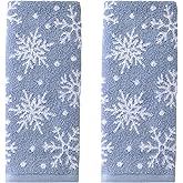 SKL Home Christmas/Winter Scattered Snowflakes 100% Cotton Premium 2-Piece Hand Towel Set, 450 GSM, Reversible Jacquard, Soft & Absorbent, Decorative for Bath/Kitchen/Bar, Blue/White