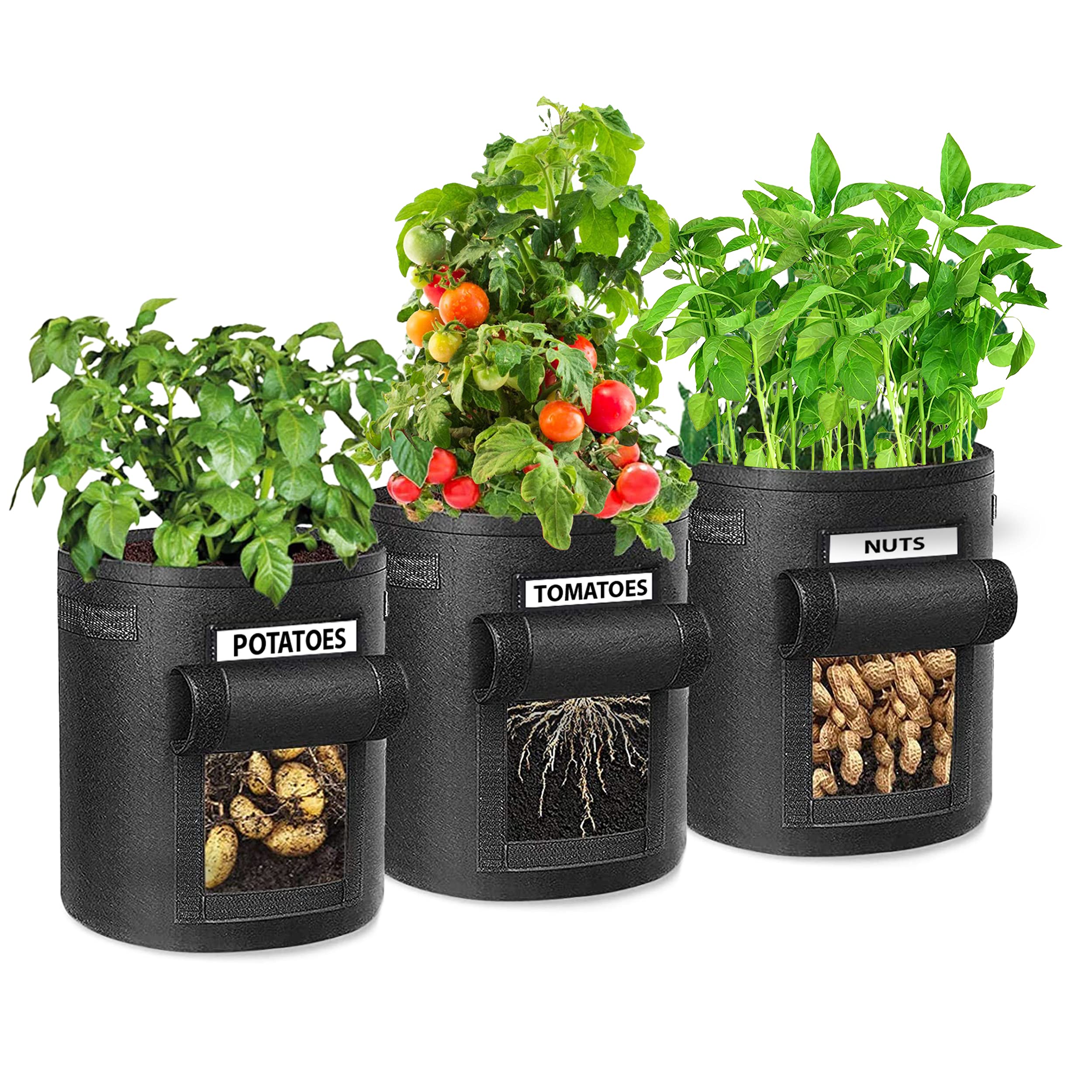 Ocean 8 Garden Pots – Breathable Non woven Fabric Garden Planters for Tomatoes, Potatoes, Carrots – 3pcs Plant Grow Bags with Access Flap, Practical Carrying Handles – 10-Gallon Garden Bags