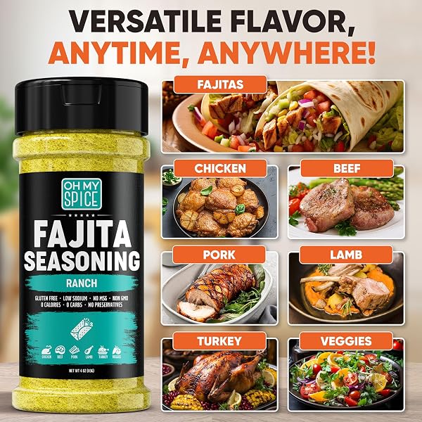 FAJITA SEASONING MIX RANCH SEASONING POWDER – GLUTEN FREE & LOW SODIUM MEXICAN SEASONINGS BLEND FOR MEAT, VEGETABLES, STEAK & CHICKEN FAJITA. DRY RANCH POWDER FAJITAS SEASONINGS SPICES. TACO MIX. 4OZ