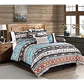 Chezmoi Collection Boone 7-Piece Southwestern Cowboys Rodeo Comforter Set - Multicolor Blue Brown Beige Clay Printed Washed Microfiber Bedding, Queen