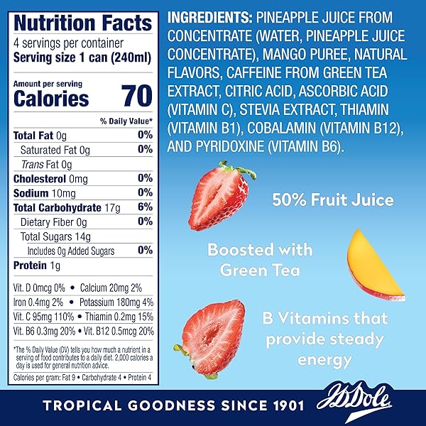 DOLE ENERGY DELIGHT FLAVORED FRUIT JUICE DRINK, MANGO STRAWBERRY, NO ADDED SUGAR, EXCELLENT SOURCE OF VITAMINS B6, B12 & C, FROM GREEN TEA & B VITAMINS, 80MG CAFFEINE, 8 FL OZ (PACK OF 4), 4 CANS