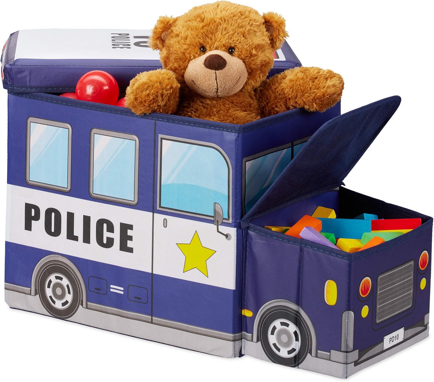 Relaxdays Children’s Storage Ottoman, Lidded Toy Box, Folding, Boys & Girls, Police Design, 50 Litres, Dark Blue