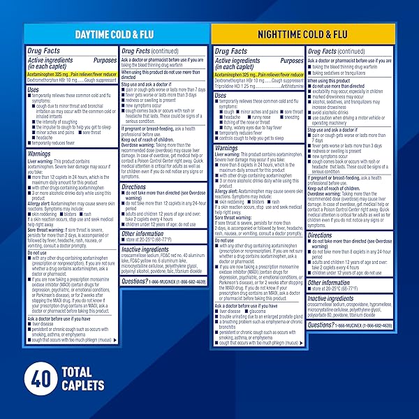 MUCINEX FAST-MAX MAXIMUM STRENGTH DAY & NIGHT COLD AND FLU MEDICINE FOR ADULTS, POWERFUL OVER-THE-COUNTER MEDICATION FOR COLD & FLU SYMPTOMS, FAST RELEASE CAPLETS, 40 COUNT