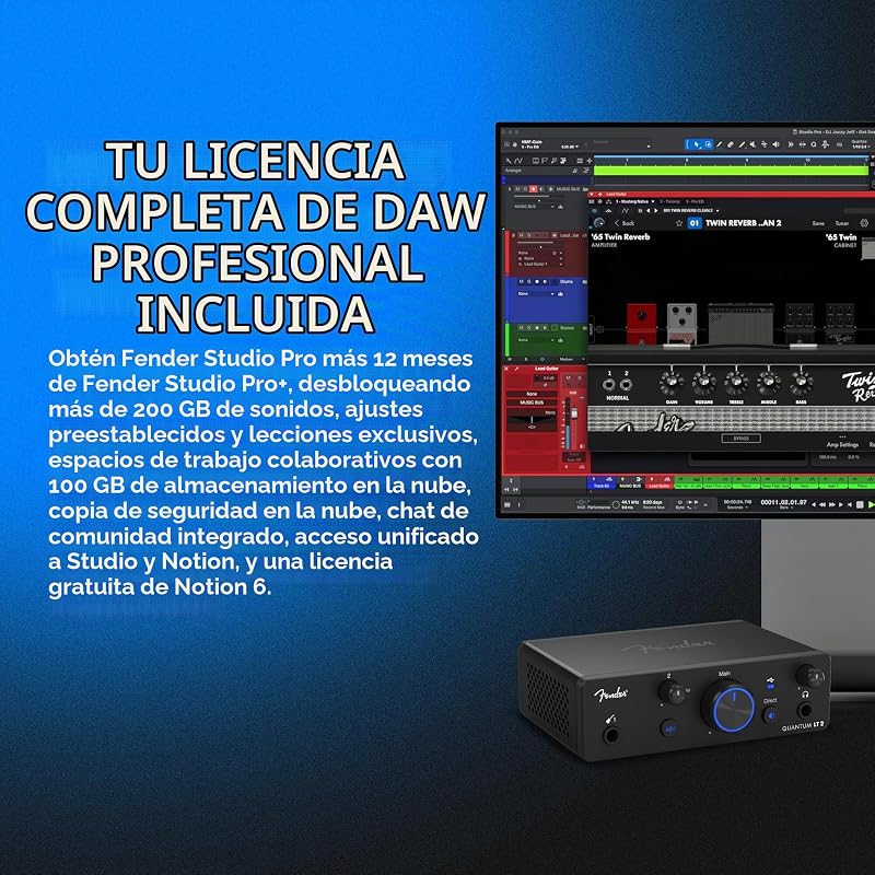 Quantum Creator Bundle | Kit de grabación casera con interfaz USB-C Quantum LT 2, micrófono condensador M7, auriculares HD7, cable XLR, soporte para micrófono y Fender Studio Pro.