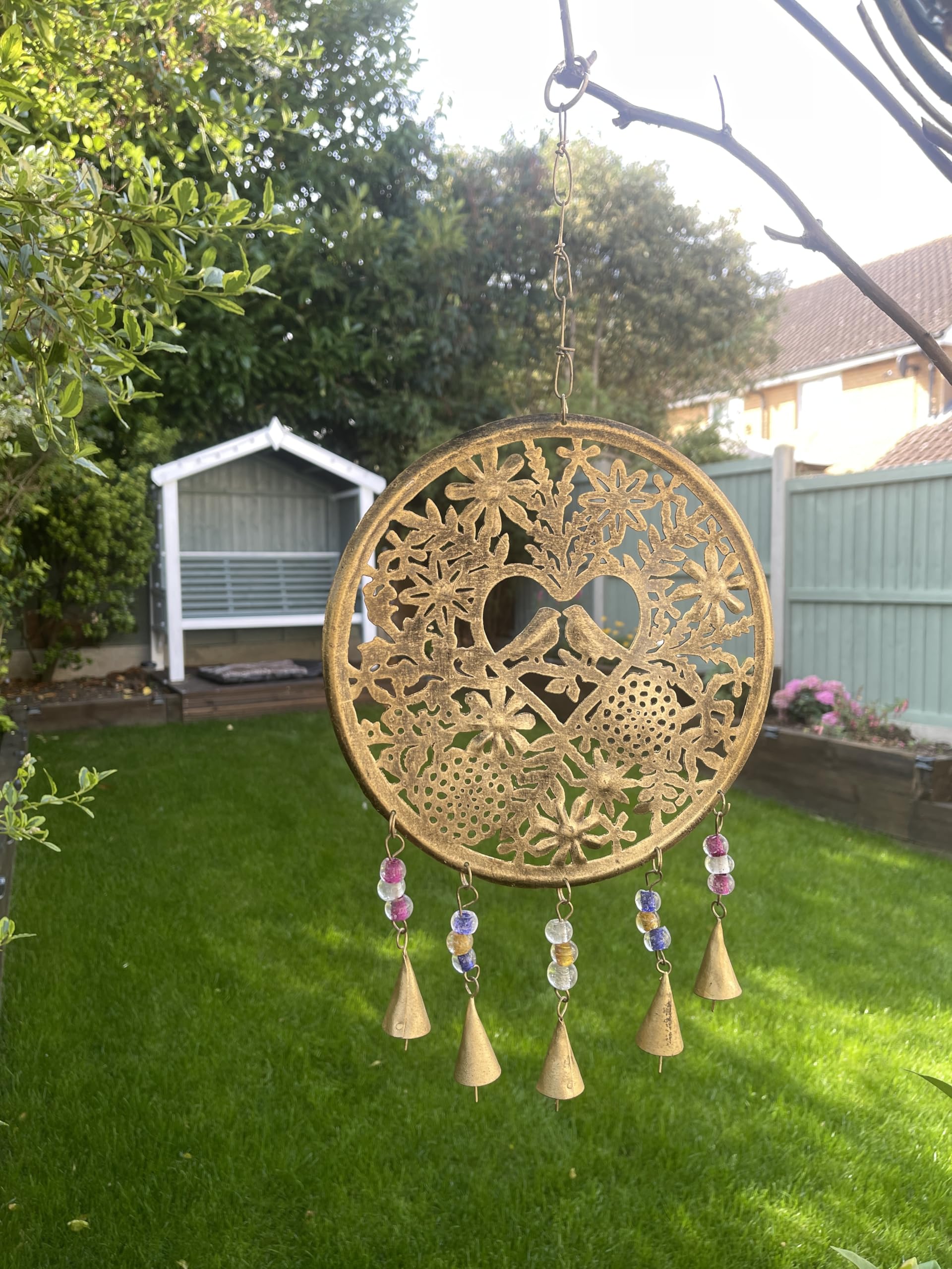 Large Lovebirds Wind Chime, Glass Beads Mobile Bells WallHanging 54 x 26 cms