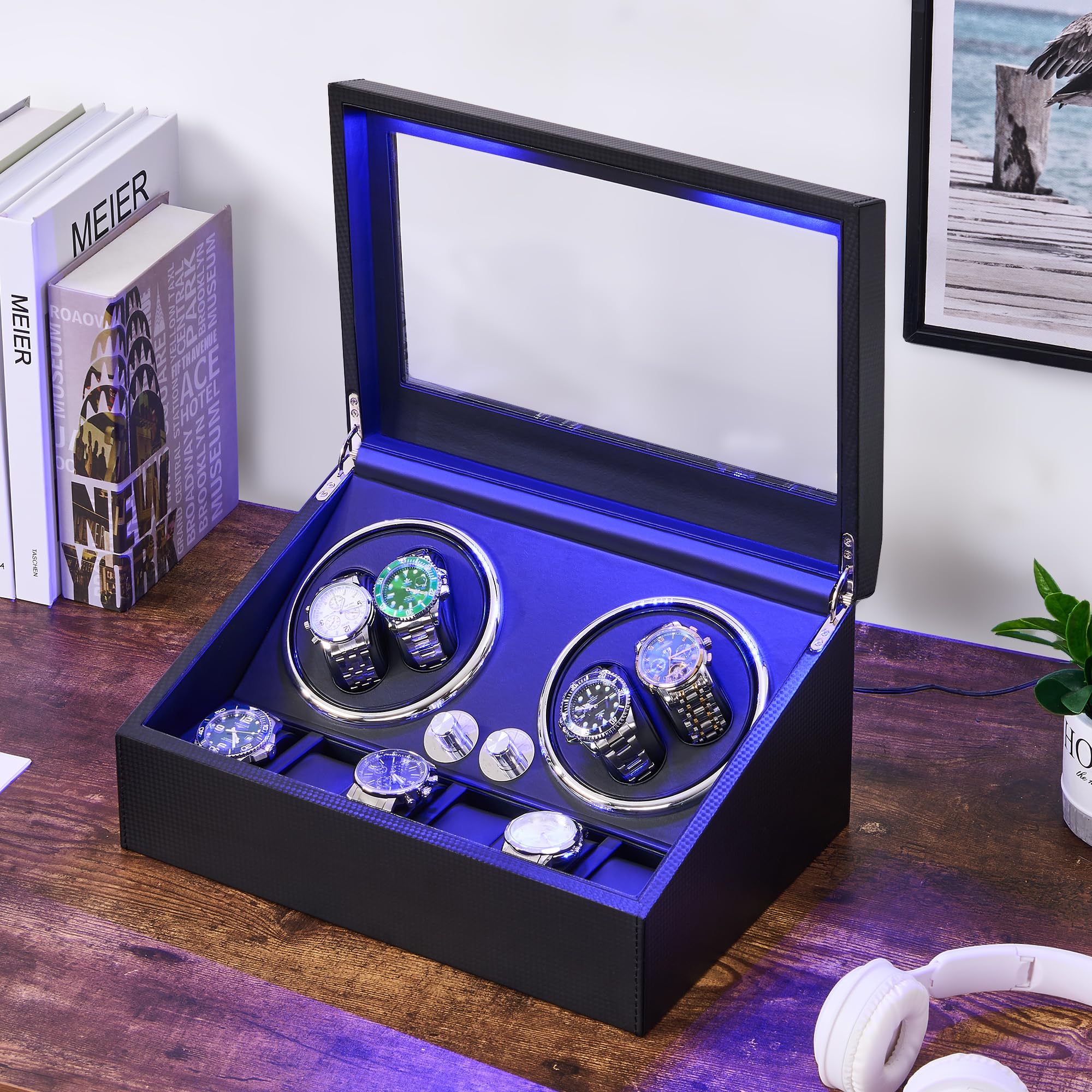 ANWBROAD Watch Winder for Automatic Watches 4 Watch Rotator and 6 Extra Storages with Super Quiet Mabuchi Motor and LED Backlight Watch Turner Carbon Fiber Watch Shaker 5 Rotating Modes USB UJWW002B