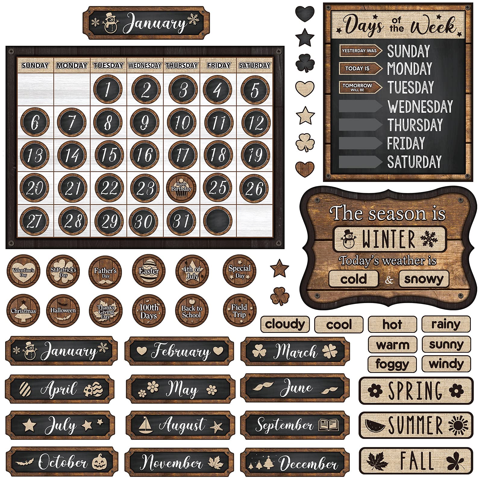 Photo 1 of Tenare 169 Pcs Classroom Calendar Bulletin Board Set, Calendar Seasons Weather Chart Bulletin Board and Classroom Display with Stickers for Bedroom Wall Decoration(Industrial Chic Style)