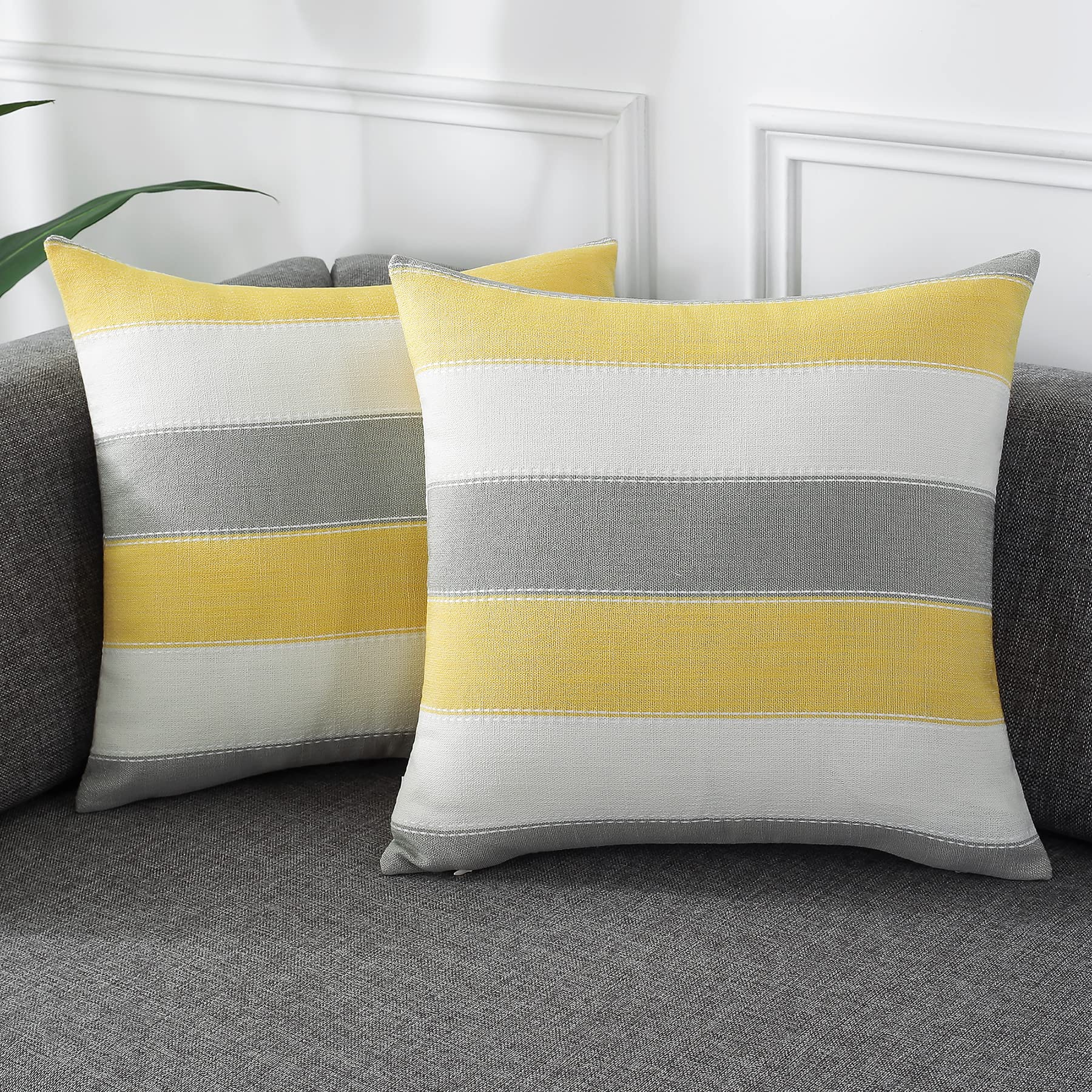 AmHoo Pack of 2 Farmhouse Stripe Check Throw Pillow Covers Set Case Cotton Linen Decorative Pillowcases Cushion Cover for Couch Bench Sofa 22x22Inch Yellow Beige