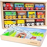 Wooden Train Set 12 PCS Magnetic Toy Train Cars with Storage Box Cover Tunnel Compatible with Thomas Brio Melissa and Doug Wooden Railway Toys for Grandkids Kids Toddlers Boys Girls