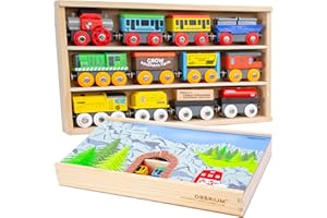 ORBRIUM Wooden Train Set 12 PCS Magnetic Toy Train Cars with Storage Box Cover Tunnel Compatible with Thomas Brio Melissa and Doug Wooden Railway Toys for Grandkids Kids Toddlers Boys Girls