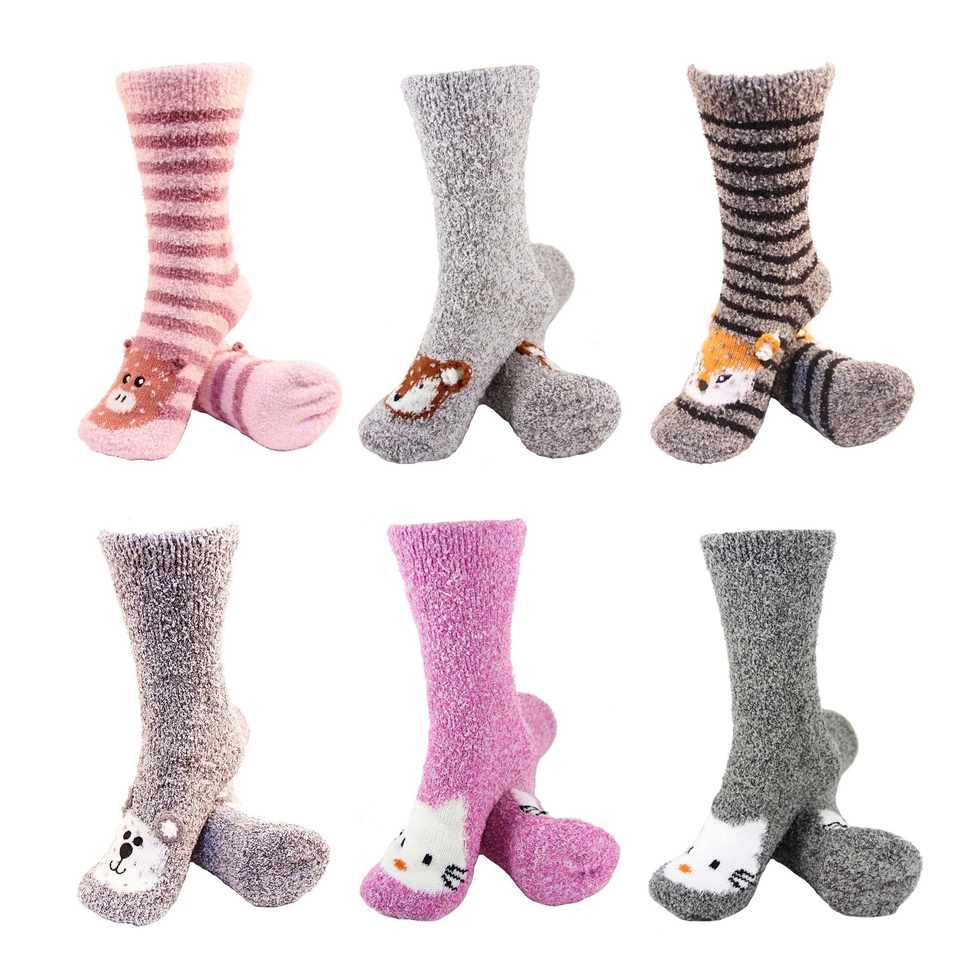 BambooMN Super Soft Warm Cute Animal Non-Slip Fuzzy Cozy Crew Winter Home Socks, 6 Pairs Value Pack