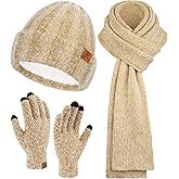 Womens Winter Warm Knit Beanie Hat Touchscreen Gloves Long Neck Scarf Set with Fleece Lined Skull Caps Gifts for Women