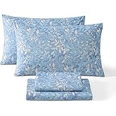 HLC.ME Leaves Printed - Blue Floral Sheets - Botanical Patterned Bed Sheet Set - Wrinkle Resistant & Ultra Soft - Fits Mattresses up to 15 Inches Deep (Queen Size, Blue)