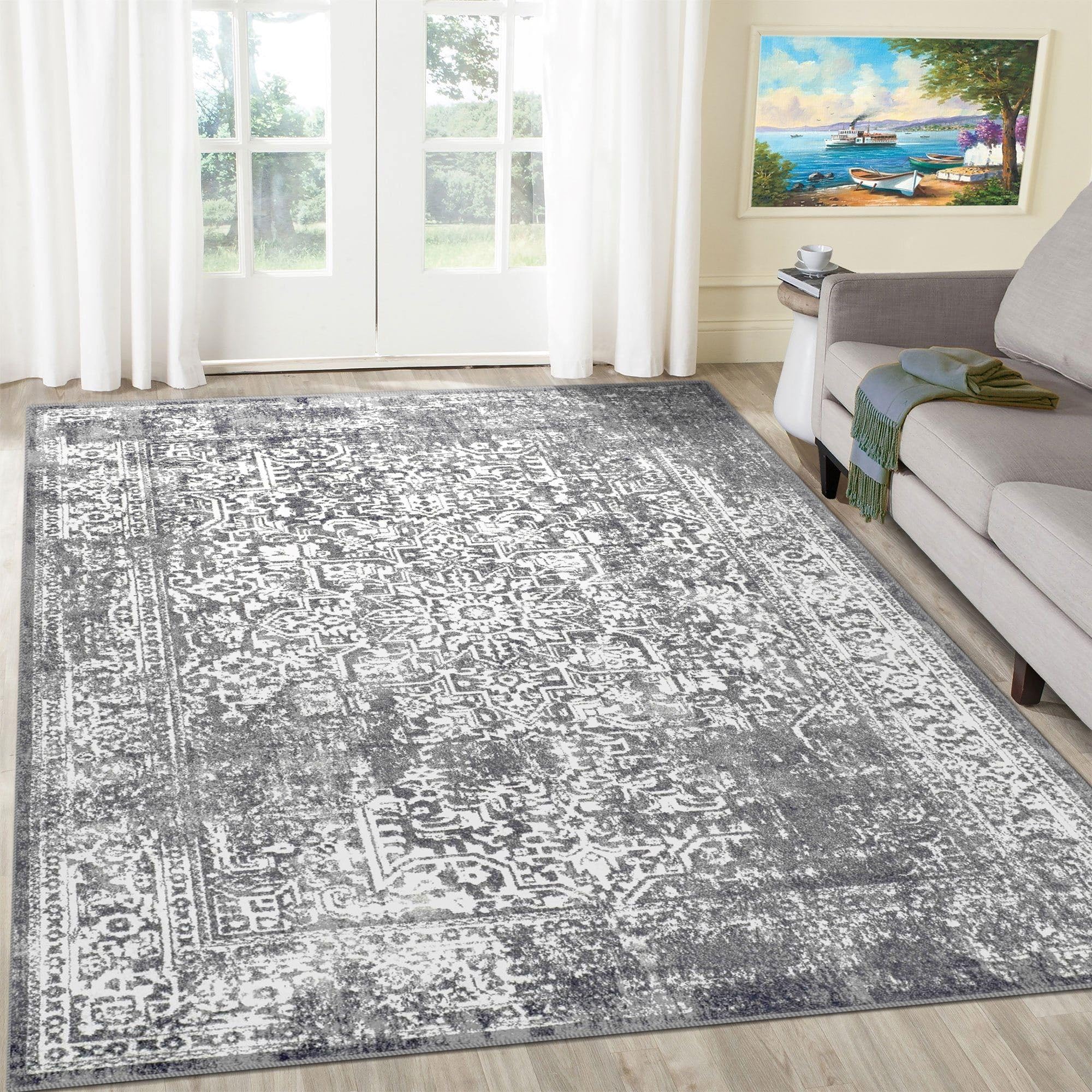 vivorug 6x9 Area Rugs, Stain Resistant Washable Rug for Living Room, Vintage-Inspired Grey Rug Image