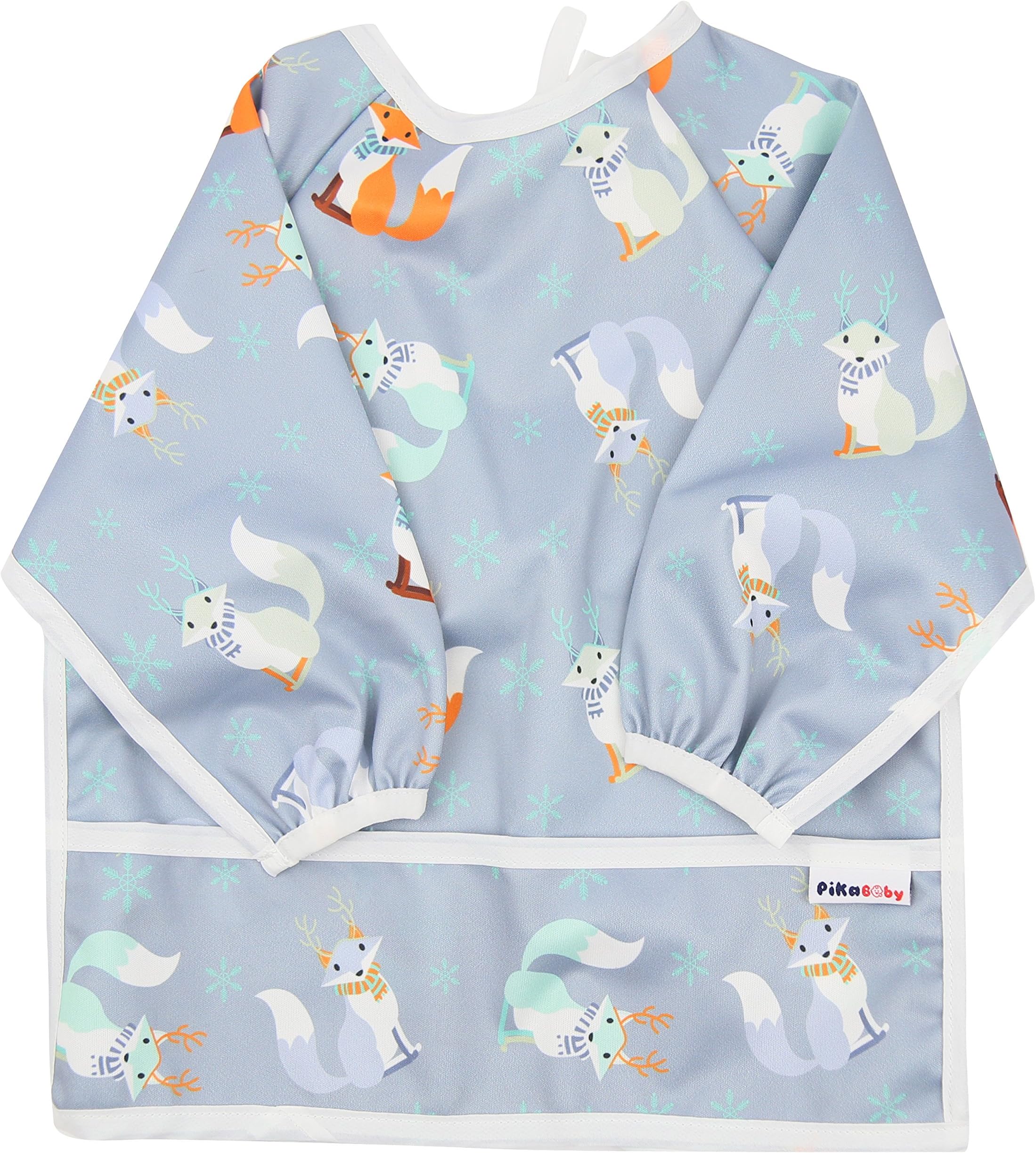 Pikababy Long Sleeved Bib | Easy-Wear & Take-off Bibs with Pocket | Washable Easy-Clean Bibs | Waterproof Baby Bibs | Stain & Odor Resistant Smock | Baby Boy Girl | 6-24 Months (Deers)