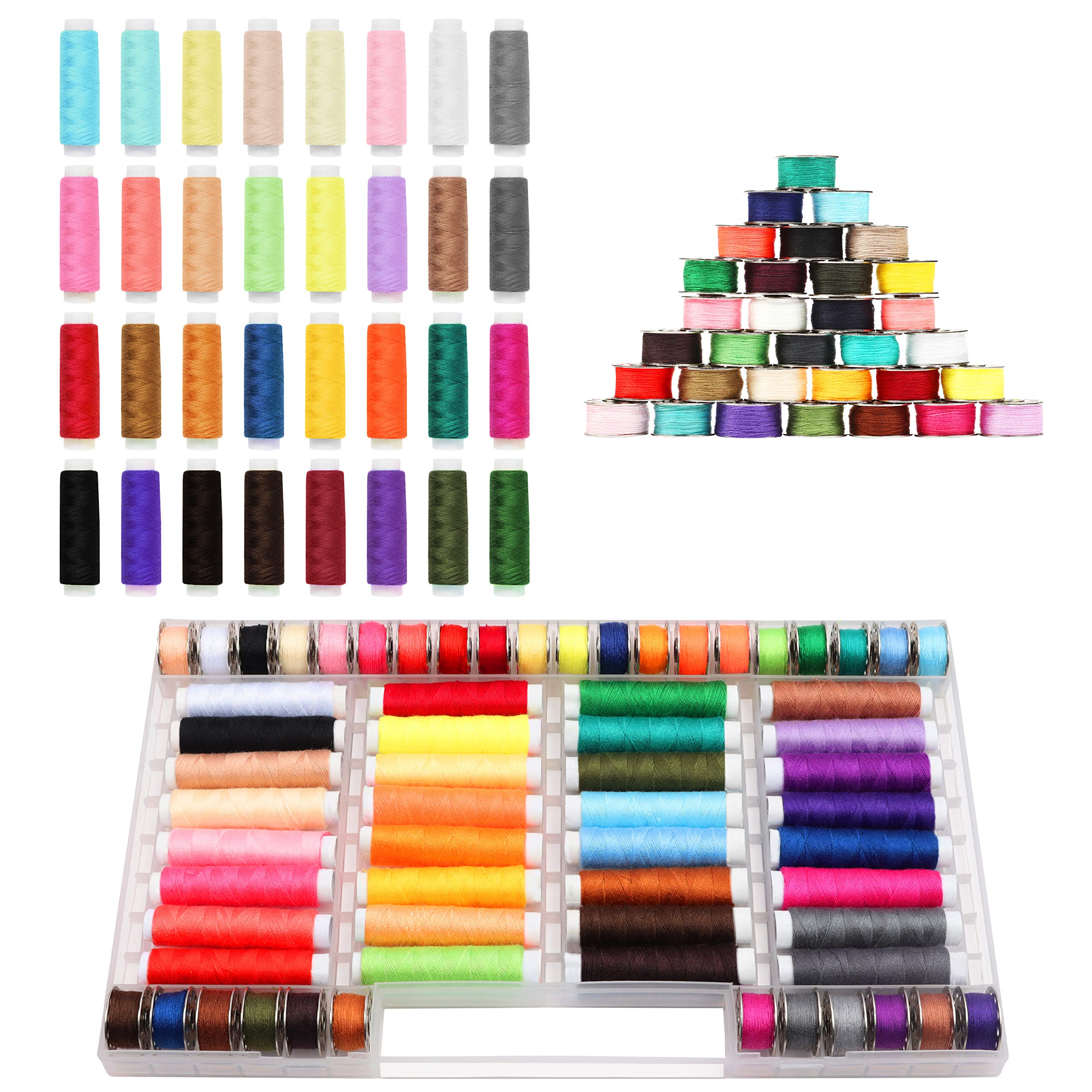 Kurtzy Sewing Machine Thread Set with Case (64 Pack) - Sewing Thread Bobbins for Sewing Machine/Embroidery - 20-40m/22-44 Yards of Polyester Thread