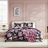 Betsey Johnson - Queen Bedding Set, Wrinkle-Resistant 8 Piece Bed Set, Ultra-Soft Comforter w/Matching Bed Sheets, Pillowcases & Throw Blanket, Lightweight for All-Season Comfort (Garden Floral Pink)