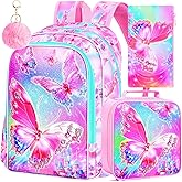 KLFVB 3PCS Butterfly Backpack for Girls, Water Resistant Kids Bookbag with Lunch Box, 16" Preschool Backpacks for Elementary - Butterfly Pink