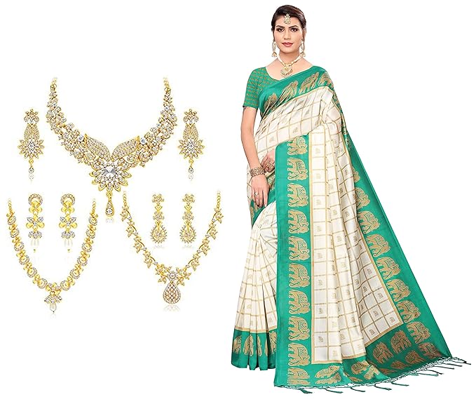 Sukkhi Jewellery Set Of 3 For Women & Anni Designer WomenS Mysore Silk Saree Border Tassels With Blouse Piece